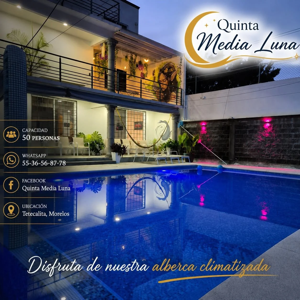Quinta Media Luna, alberca iluminada
